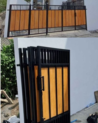 Pintu lipat besi minimalis kombinasi kayu elegan untuk rumah modern di cileungsi
